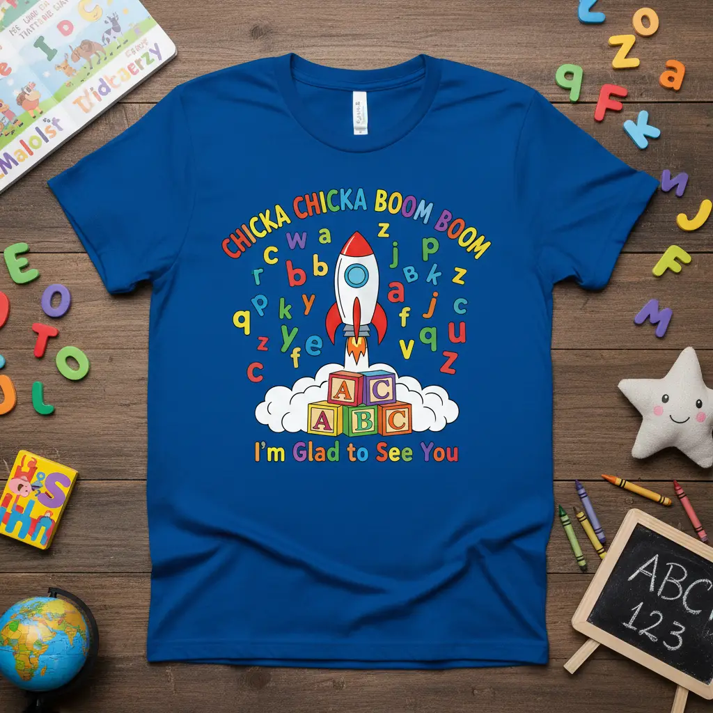 Chicka Chicka Boom Boom I'm Glad to See You t-shirt design with rocket and alphabet letters