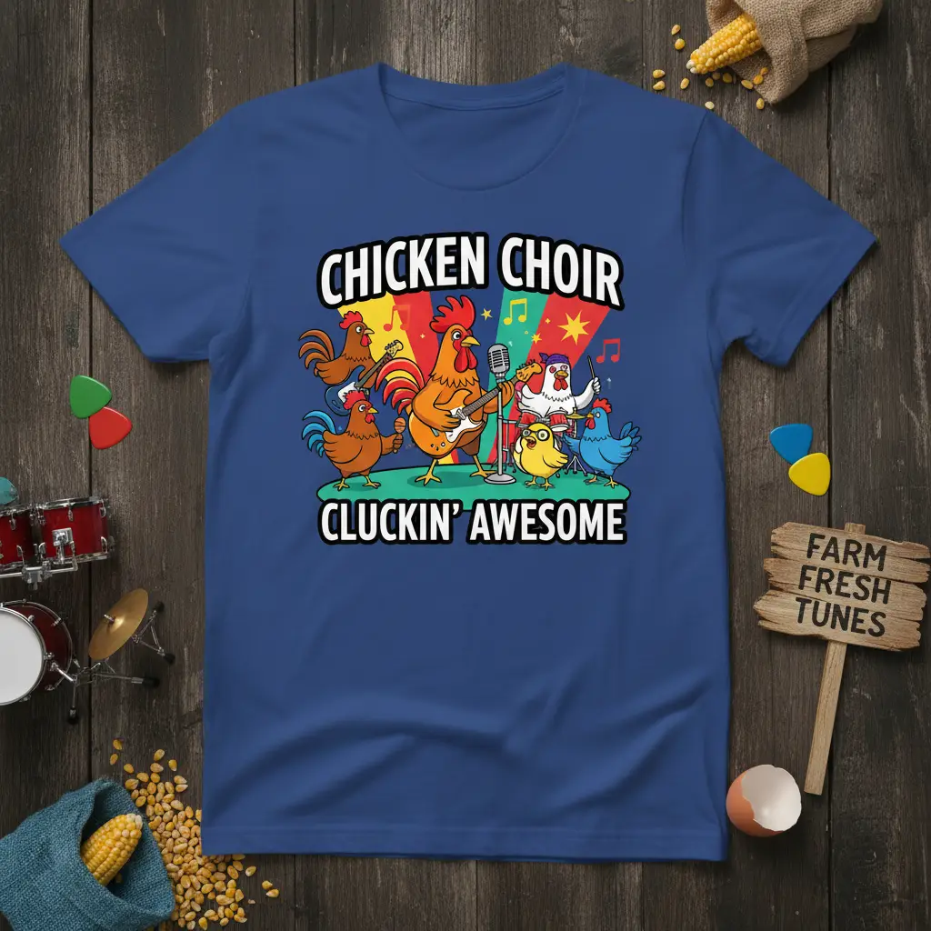 Chicken Choir Cluckin' Awesome text featuring a cartoon rooster playing guitar and other chickens singing around a microphone