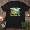 Chicken Crew Farm Fresh Fun t-shirt design with cartoon chickens, a barn, and a sunny sky