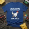 Pixel art t-shirt design with text "CHICKEN GAME DON'T LOOK AT THE CHICKEN GAME OVER" and a pixelated chicken graphic