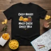 Black t-shirt featuring cartoon chicken nuggets, mac and cheese, and chocolate milk with text "Chicky Nuggies Maccy Cheese Choccy Milk"