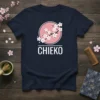 Navy t-shirt with "CHIEKO" text below a pink circle containing a cherry blossom branch