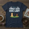 Child Less Dog Lady text design with three cute dogs sitting on grass, paw prints, and bone graphics on a
