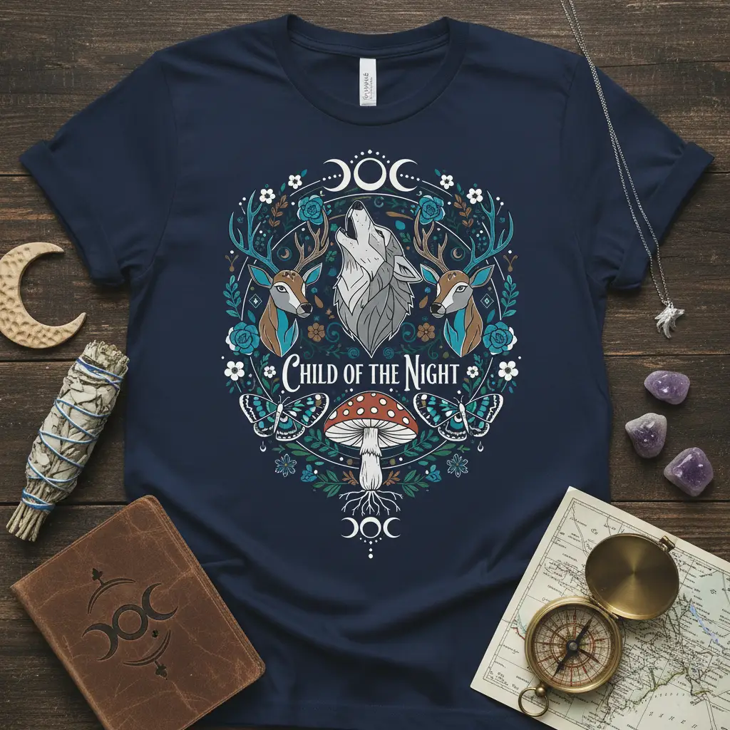 Child of the Night quote with howling wolf and forest elements on a mystical t-shirt graphic
