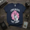 Childless Cat Lady skeleton cat graphic tee with white text and pink flame background