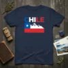 Navy t-shirt with the word CHILE in red, white, and blue, above the Chilean flag and white mountains graphic