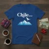 Blue t-shirt with white text "Chile..." above a graphic of blue mountains and a white eagle in flight