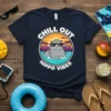 Chill Out Hippo Vibes text and graphic of a hippo wearing sunglasses in water, with a sunset and trees in