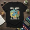 Chill Vibes Relax Mode On t-shirt design featuring a happy hippo in a chair with a cocktail and sunglasses