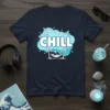 CHILL t-shirt design with a person relaxing in a hammock between two palm trees inside a cloud graphic