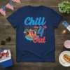 Navy t-shirt with "Chill the 4th Out" text and a cartoon hot dog floating on a tube, celebrating the Fourth