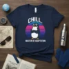 Navy t-shirt with "CHILL. MASTER OF ADAPTATION" text and a cartoon penguin wearing sunglasses, set against a retro sunset graphic