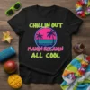 Black t-shirt with "Chillin Out Maxin Relaxin All Cool" text and retro sunset beach graphic