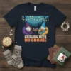 Chilling With My Gnomie t-shirt design with two gnomes relaxing, one playing guitar, under string lights