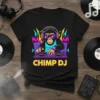 Chimp DJ graphic t-shirt featuring a chimpanzee wearing headphones and sunglasses on a DJ deck with colorful sound waves