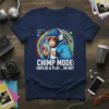 Chimp Mode: Unplug & Play... Or Not t-shirt featuring a chimpanzee wearing headphones and sunglasses, holding a smartphone