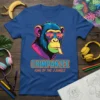 Chimpanzee King of the Jungle t-shirt design with a cool chimpanzee wearing sunglasses and sticking out its tongue