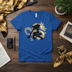 Blue t-shirt featuring a golden and silver detailed dragon with black Chinese character 龍 on its body