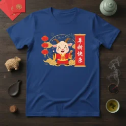 Chinese New Year t-shirt with 羊新快乐 text and a smiling goat graphic in traditional attire, surrounded by lanterns and fireworks
