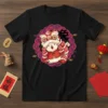 Chinese New Year Rabbit Lion Dance graphic on a black t-shirt, featuring a cute rabbit wearing a lion costume with
