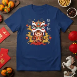 新年快乐 Chinese New Year t-shirt design featuring a child in lion dance costume, golden horses, fireworks, and lanterns