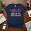 Navy t-shirt with pink text: "Chismosa? I Prefer The Term, Well Informed" and magnifying glass graphics