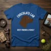 Chocolate Lab Best Friend & Family text with brown lab dog silhouette on blue t-shirt