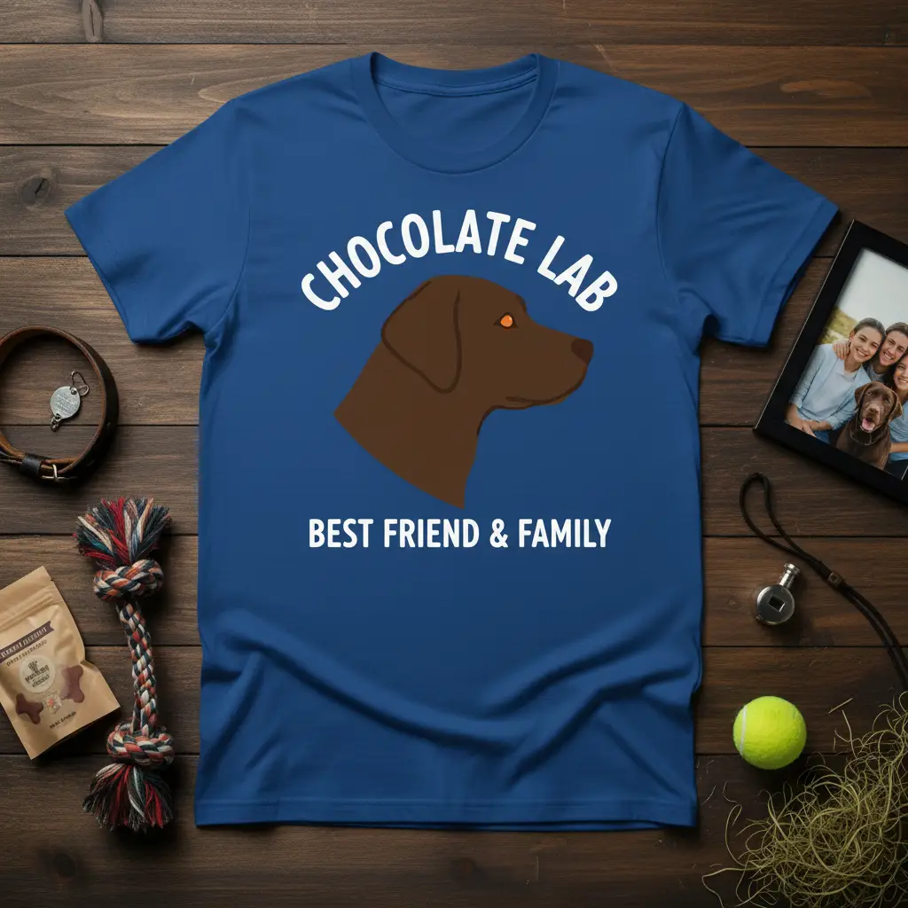 Chocolate Lab Best Friend & Family text design on a blue t-shirt for dog owners