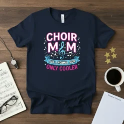 Navy t-shirt with "CHOIR MOM LIKE A NORMAL MOM ONLY COOLER" in bold pink and white text, featuring musical notes