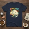 Chonk Nap King text above a sleeping chonk cat graphic on a navy blue t-shirt