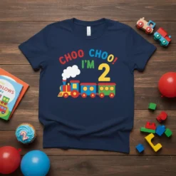 Navy blue t-shirt with "CHOO CHOO! I'M 2" text and a colorful train graphic, celebrating a second birthday