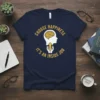 Navy t-shirt with yellow text "CHOOSE HAPPINESS IT'S AN INSIDE JOB" and graphic of a head with a brain and