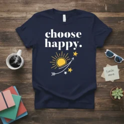 Navy blue t-shirt with "choose happy." in white text and a graphic of a sun with stars and an arrow