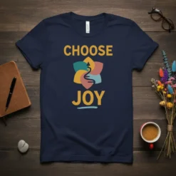 Choose Joy text with abstract floral graphic on a navy blue t-shirt