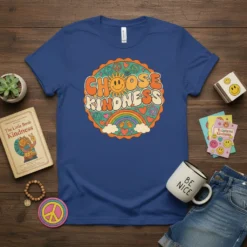 Retro graphic t-shirt with the text "CHOOSE KINDNESS" in groovy font, featuring a smiling sun, rainbow, hearts, and peace signs
