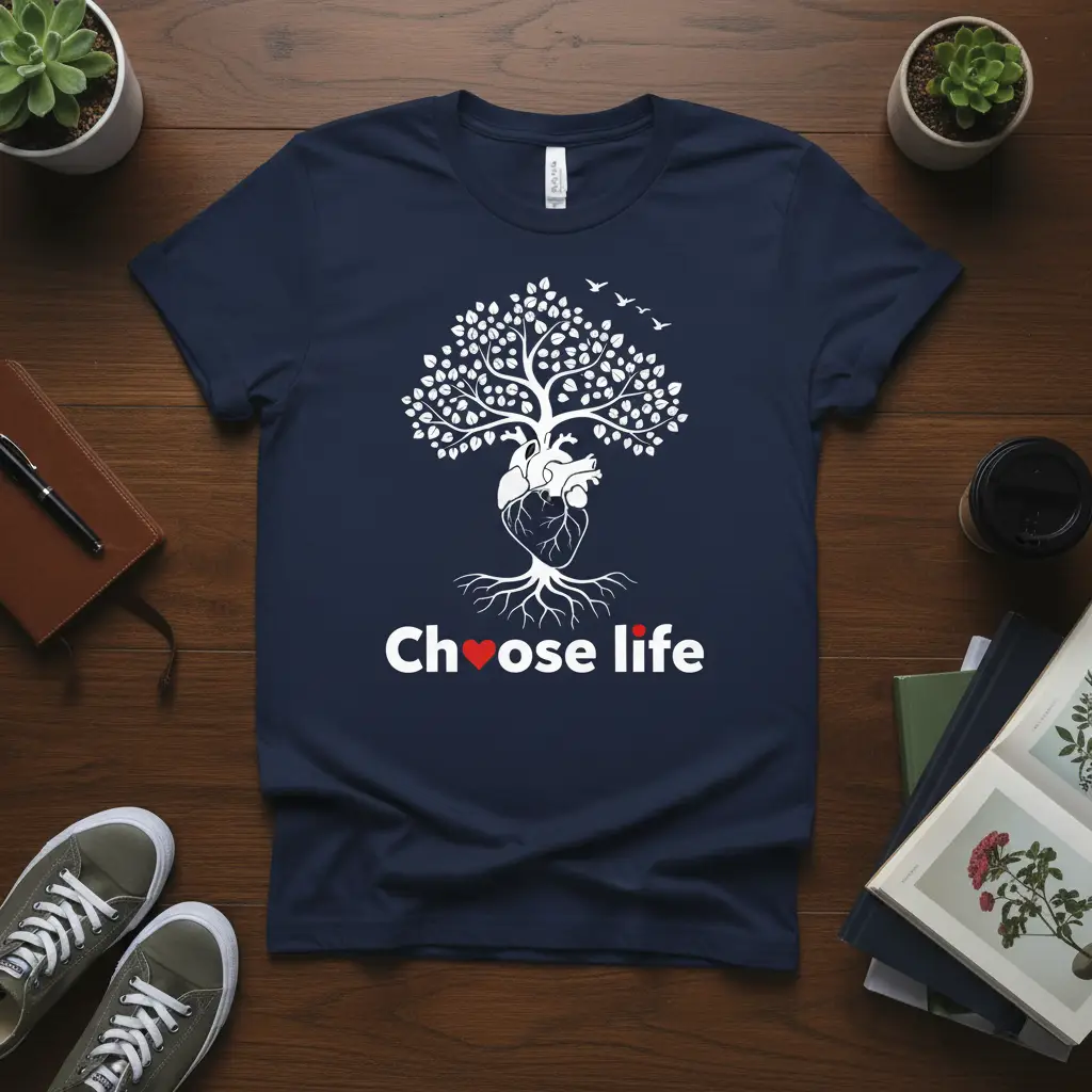 Choose life text with heart symbol and tree from heart graphic on navy t-shirt
