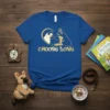 Gold CHOOSE LOVE text with a graphic of a cat and dog touching noses inside a heart on a blue