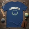Choose Peace t-shirt with dove and laurel wreath graphic, navy blue background