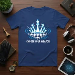 Chess T-Shirt with "CHOOSE YOUR WEAPON" text and white chess pieces on a blue background