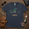 T-shirt design featuring the word CHOPPER above a detailed illustration of a teal and brown custom motorcycle