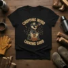 Black t-shirt with "CHOPPING WOOD LOOKING GOOD" text and a muscular man chopping wood graphic