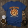 Chow Down Good Eats Good Dogs Authentic Fluffy Cuisine t-shirt featuring a cartoon Chow Chow head within a bottle cap