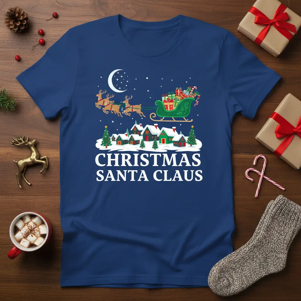 CHRISTMAS SANTA CLAUS text with Santa's sleigh and reindeer flying over a festive snowy village scene