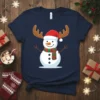 Christmas Snowman Reindeer T-Shirt design with a cheerful snowman wearing a Santa hat, antlers, and a striped scarf