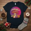 Christmas With The Beloved holiday t-shirt design featuring a mushroom, hedgehog, mouse, and squirrel with gifts