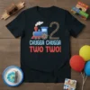 Chugga Chugga Two Two! birthday t-shirt with a blue train and the number 2 made of train tracks