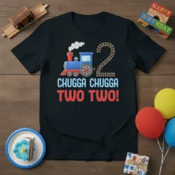 Chugga Chugga Two Two! birthday t-shirt with a blue train and the number 2 made of train tracks