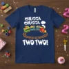 Chugga Chugga Two Two! birthday t-shirt design featuring a colorful train on a track with white text