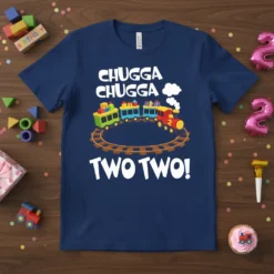 Chugga Chugga Two Two! birthday t-shirt design featuring a colorful train on a track with white text