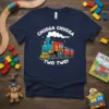 Chugga Chugga Two Two! t-shirt design featuring a cartoon train and playful text for a child's birthday